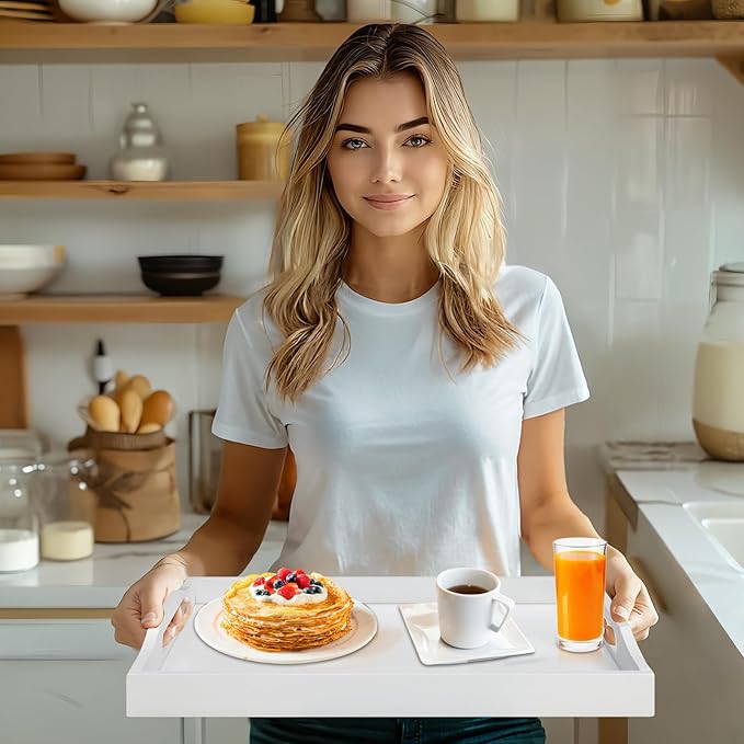 Bamboo Food Serving Tray with Handles, Breakfast Bed Tray for Tea,Snack,Dinner, Home Decorative Storage Food, Platter, Ottoman for Kitchen Counter, Bathroom, Restaurant (White)