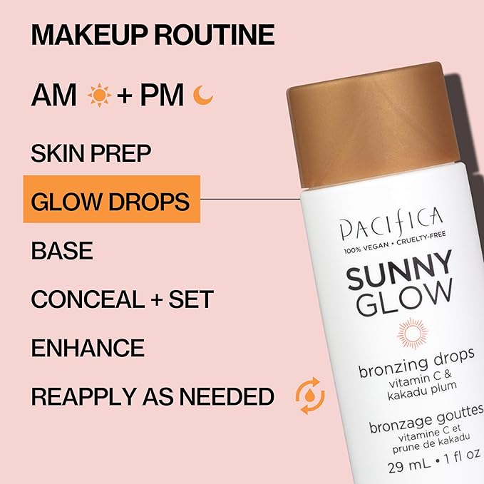 Pacifica Sunny Glow Liquid Face Bronzer Drops - Face Makeup Bronzing For Face & Cheeks for Instant Sun-Kissed Glow - Vitamin C & Glycolic Acid Infused Liquid Bronzer Illuminating Highlighting Clean-BrightBean Baby