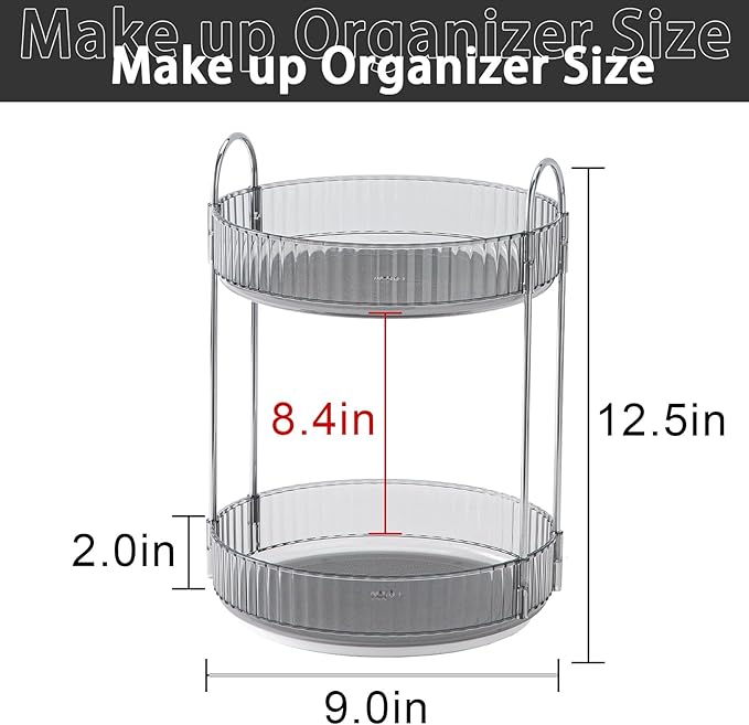 Rotating Makeup Organizer for Vanity, High-Capacity Skincare Clear Make Up Storage Perfume Organizers Cosmetic Dresser Organizer Countertop 360 Spinning (Gray, 2 Tier)-BrightBean Baby