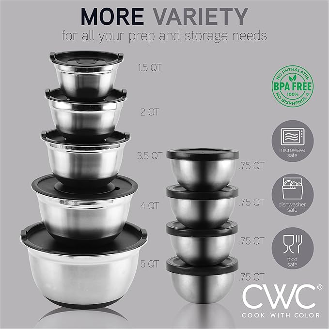 COOK WITH COLOR Stainless Steel Mixing Bowls Set with Lids - Nesting Bowls with Non-Slip Bottom, Silver, 22 Pieces