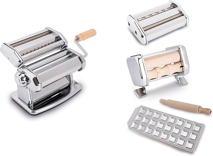 Imperia Pasta Maker Deluxe Gift Set w Accessories- Includes Pasta Machine, Ravioli Mold Press, Wooden Rolling Pin plus 2 Cutter Attachments for Adjustable Thicknesses- Made in Italy Steel Construction