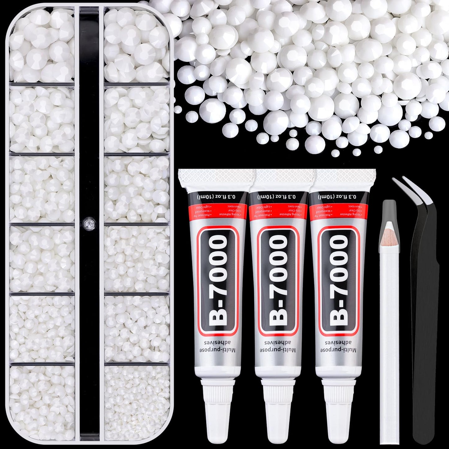 6000Pcs Resin Rhinestones for Bedazzling with 3Pcs B7000 Jewelry Glue, 1 Box White Flatback Rhinestones for Crafting Crafts DIY, Crystals Gems for Clothing Shoes Tumblers Nail Art Makeup-BrightBean Baby