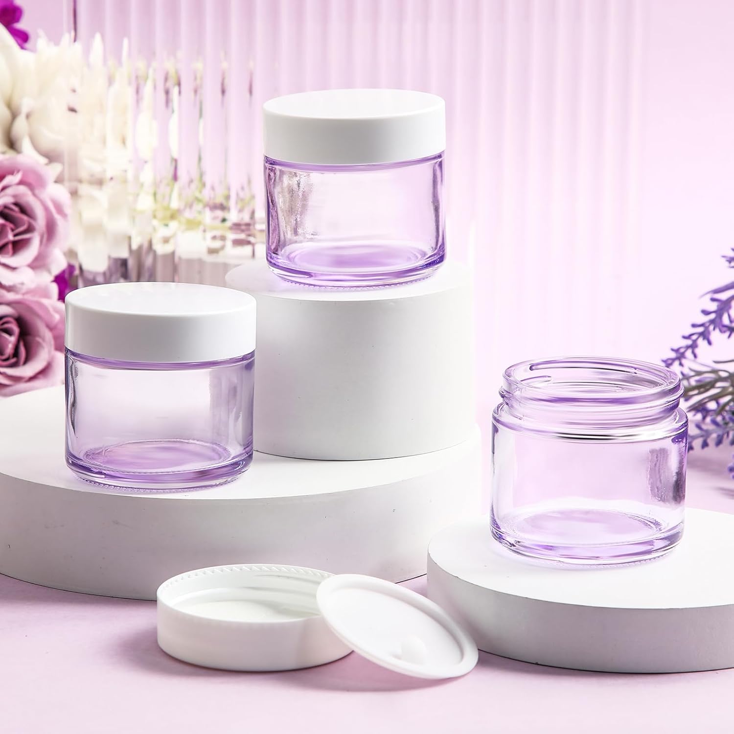 Domensi 32 Pcs 2 oz Glass Jars with Lids Travel Size Round Leakproof Empty Cosmetic Jars with Inner Liners Lid for Storing Makeup Lotions Face Cream Ointments Candle DIY Making (Light Purple)-BrightBean Baby