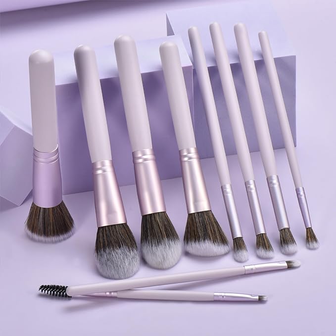 10 Piece Purple Makeup Brushes Set and 3 Piece Makeup Sponge - Wooden Handle with Soft Synthetic Bristles, for Face & Eye Makeup | Professional Cosmetic Brushes | Includes Travel Pouch-BrightBean Baby