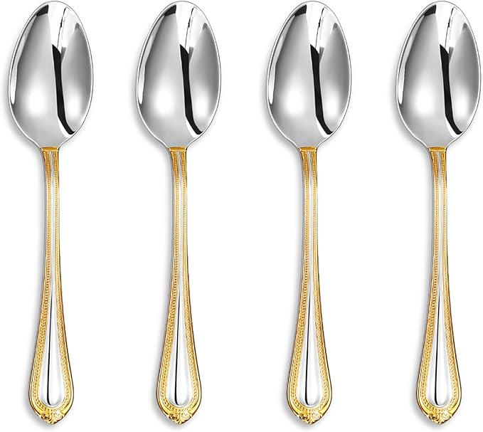KEAWELL Pearl Edge 4-Piece Premium Spoon Set, 18/10 Stainless Steel, Fine Silverware Spoons with Refined Bead Design, Brightly Polished, Dishwasher Safe (Gold Accent, 6.4" Teaspoons)