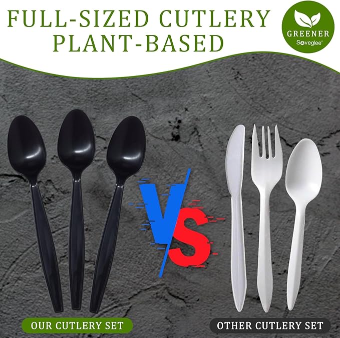 100% Compostable Spoons, 300 Disposable Spoons, Black Non Plastic Spoons, BPA-Free Heavy Duty Disposable Utensils, Ecofriendly Compostable Cutlery for Party Wedding Picnic