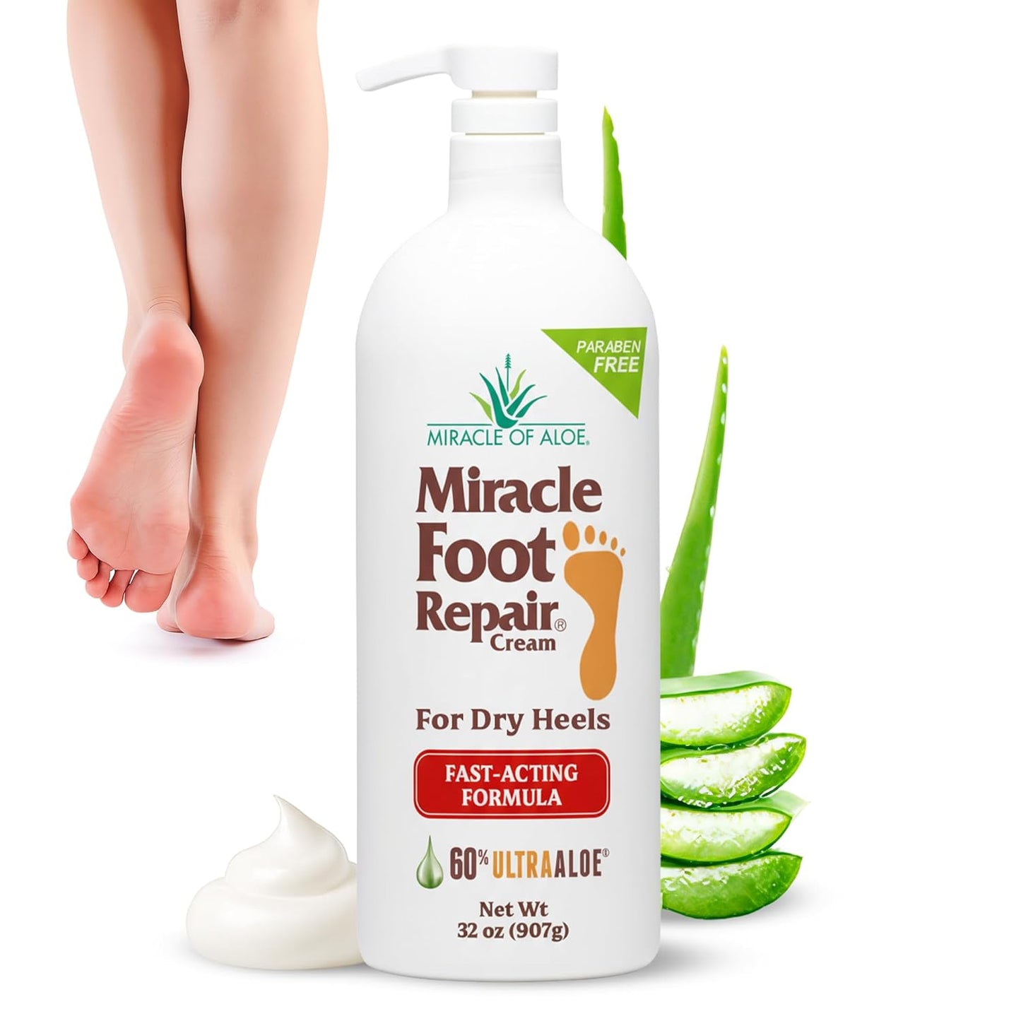 Miracle Foot Repair Cream (32 oz) Repairs Dry Cracked Heels and Feet, 60% Pure UltraAloe Moisturizes, Softens, and Repairs-BrightBean Baby