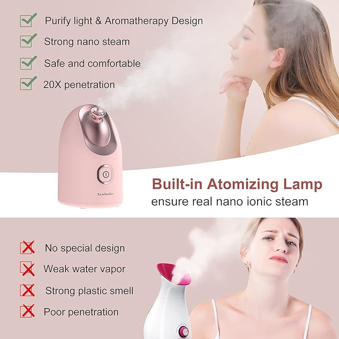 Newbealer Facial Steamer, Mini Aroma Face Steamer, Nano Ionic Hot Mist Facial Humidifier Atomizer, Home Sauna Spa Sprayer Moisturizing Cleansing Pores, 9 Pieces Acne Remover Kit (Pink-Gold, 160ml)-BrightBean Baby