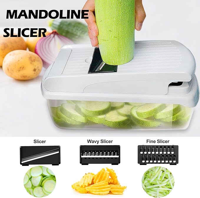 JAYVAR Vegetable Chopper for Mandoline Slicer, 15-In-1 Veggie Choppers, Cheese Grater, Onion Cutter with Container, Kitchen Gadgets Essentials, Vegetable Dicer, Onion Mincer Tomato Slicer (White)