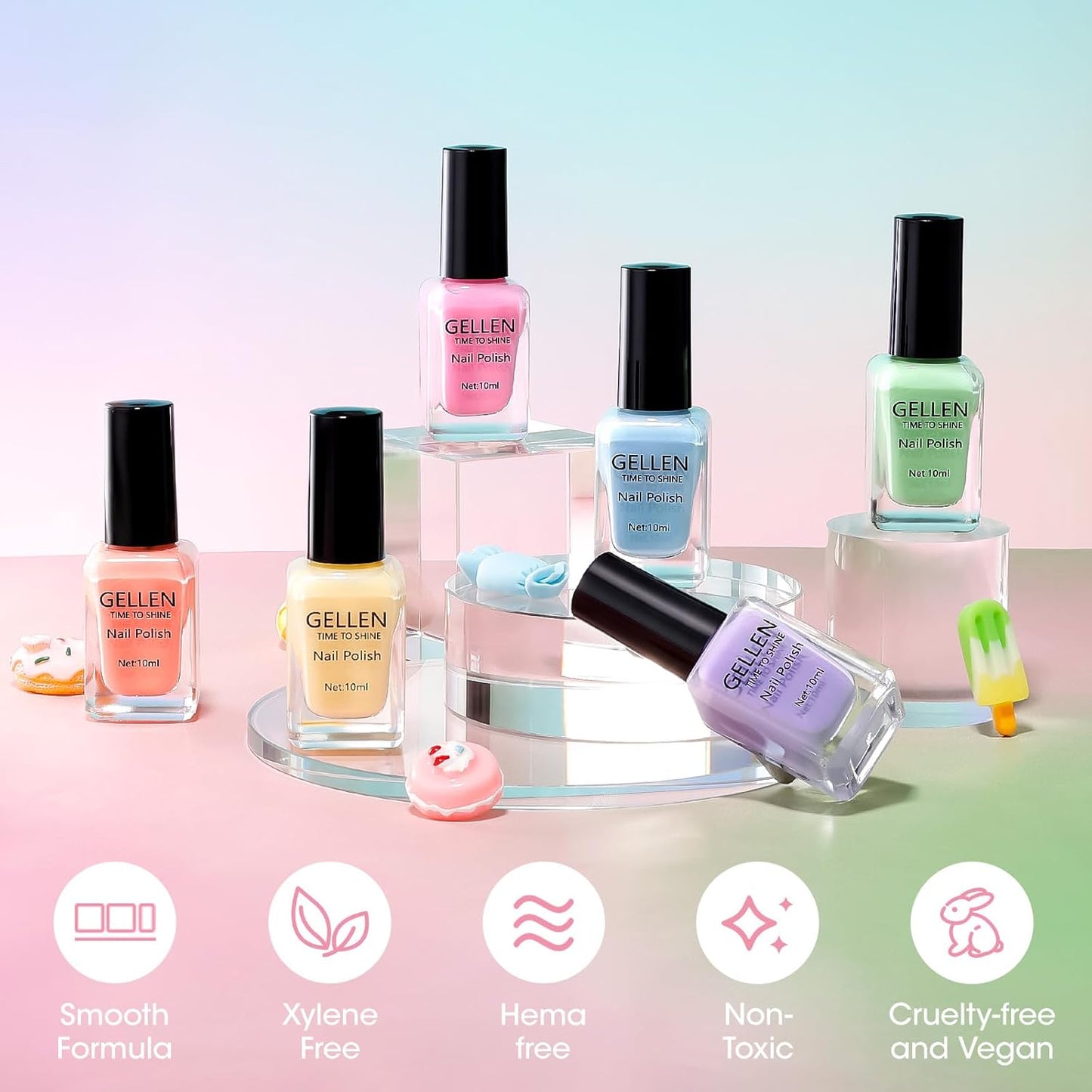GELLEN Clear Pastel Jelly Nail Polish, Sheer Natural Regular Nail Polish Quick Dry Spring Summer 6-Color Set for Acrylic Natural Nails Home Salon, No UV Gel, Chip Resistant, Hema Free, Non Toxic-BrightBean Baby