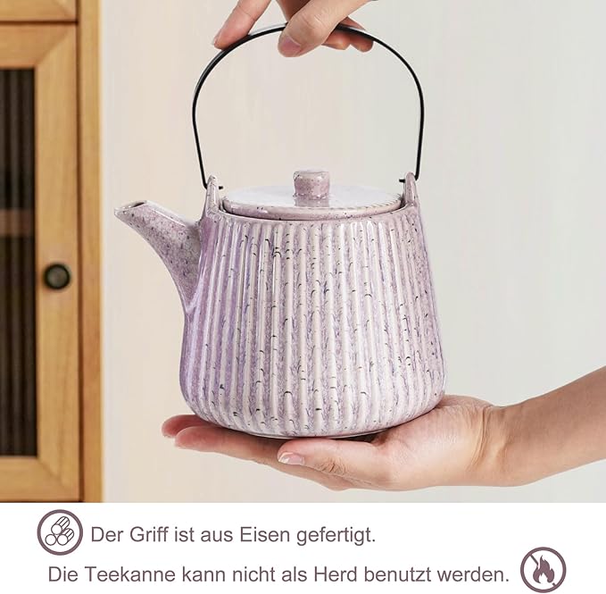 Yundu Purple Ceramic Teapots, 1000ml/33.8oz Tea Kettle, Enough for 4 Cups, Tea pot with infusers for loose tea, Striped Tea Pot with Removable Tea infuser
