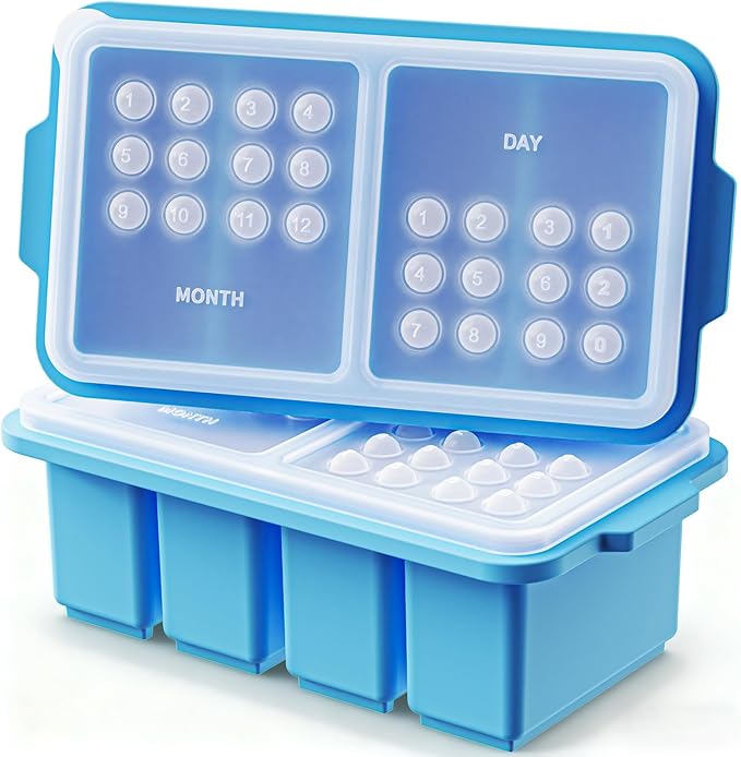 1 Cup Silicone Freezer Tray Ice Cubes with Lids and Date Mark for Storing Lasagna Leftovers Sauces Portioned Meals and More, Silicone Soup Freezer Molds for Meal Prepping 2 Pack Blue