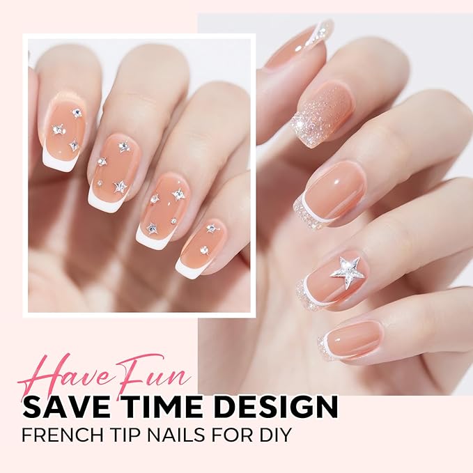 modelones French Tip Press on Nails, Short Square Fake Nails with Nail Box, Deep Nude Gel Nail Tips for Women, Soft Glue-On Nails for Natural Salon Look, DIY Nail Art Kit-BrightBean Baby