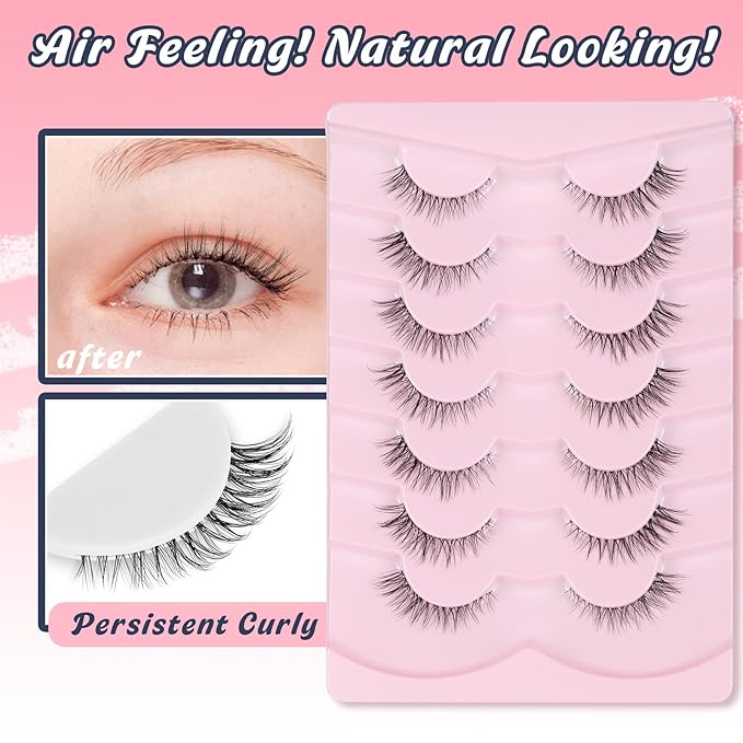 Cat Eyelashes Natural Eye Lashes 12mm False Lashes Wispy Thin Band 3D Volume Fake Eyelash C Curl Lash Pack Natural Look 7 Pair-BrightBean Baby