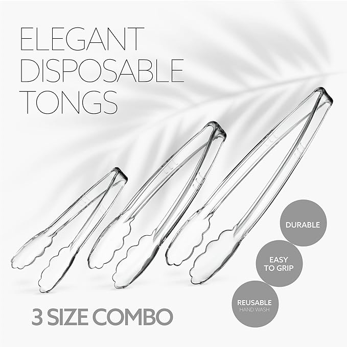 PlasticPro Clear Serving Tongs Combo Set - 4 Each of 7.5'', 9'', 12'' Heavy Duty Reusable Kitchen and BBQ Tongs for Parties, Caterings, Events, Buffet, Weddings - Pack of 12