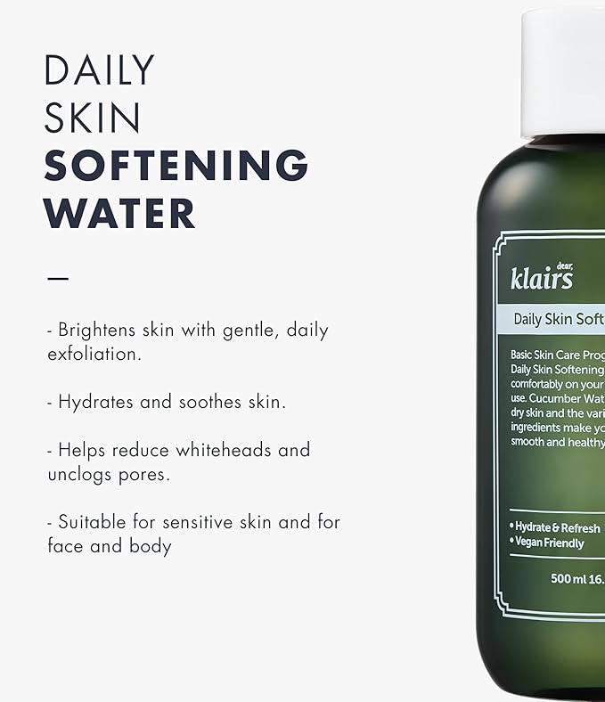 [DearKlairs] Daily Skin Softening Water, Toner, Jumbo 16.90 Fl Oz, Skin Refining Cucumber Essence, Daily mild exfoliator-BrightBean Baby