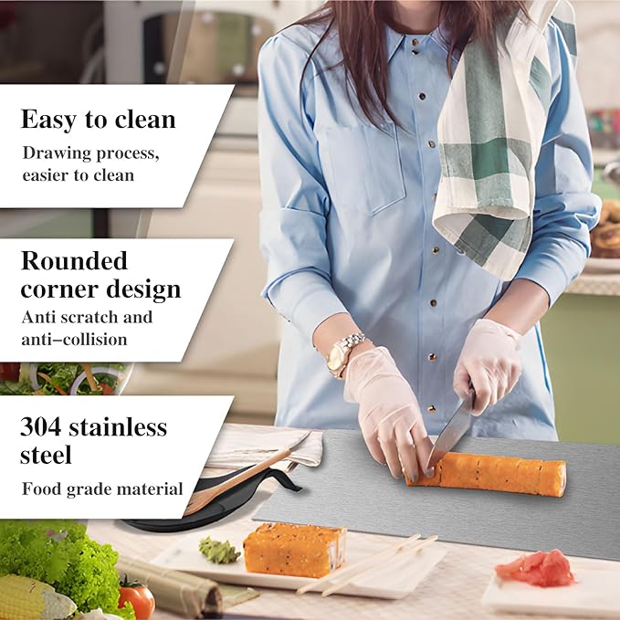 Stainless Steel Cutting Board for Kitchen - 304 Stainless Steel Chopping Boards for Baking, Double-Sided Use for Raw & Cooked Food - Ideal for Homemade Pasta, Pizza & Bread Making (15.7×19.6×0.06")