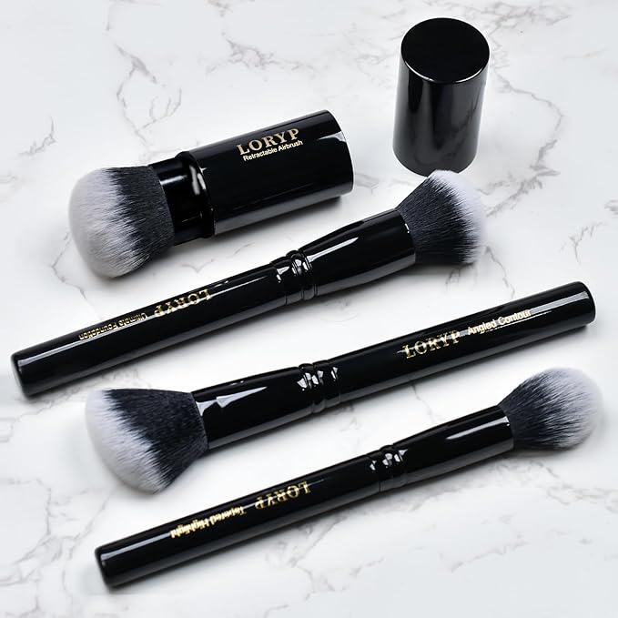LORYP 4 Pcs Full Face Professional Makeup Brushes Set with Retractable Kabuki Airbrush For Powder,Liquid,Cream,Angled Blush Brush, Foundation Brush, Tapered Highlight Brush-BrightBean Baby