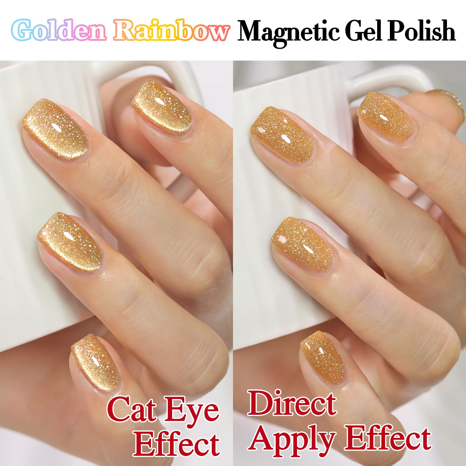 Double Rhythm Cat Eye Gel Polish with Magnet 15ML Holographic Glitter Shimmer Translucent Sheer Color Glass Magnetic Gel Polish Salon DIY at Home (Light Gold-MC1064)-BrightBean Baby