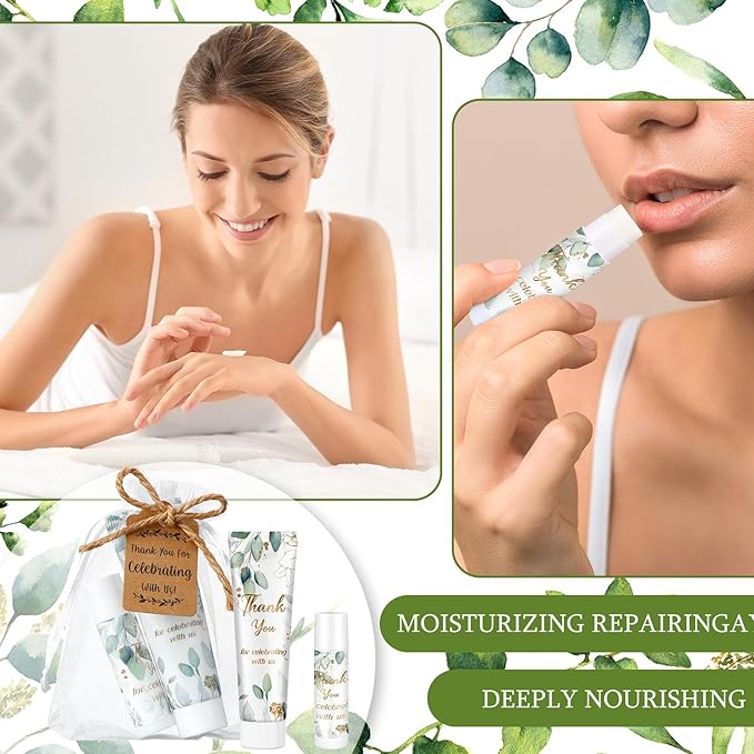 200 Pcs Baby Shower Wedding Party Favors Gift Set, 50 Pcs Baby Shower Hand Cream and 50 Lip Balm for Wedding Bridesmaid Guests Gift Supplies with 50 Organza Bag 50 Thank You Tag(Eucalyptus)-BrightBean Baby