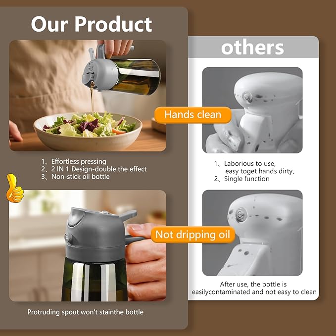 Olive Oil Dispenser and Oil Sprayer – 16oz/470ml Glass Light-Proof Oil Pourer for Kitchen, Air Fryer, Cooking, Salad, and BBQ