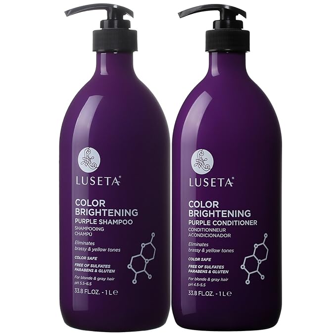 L LUSETA Color Brightening Purple Shampoo and Conditioner Set for Blonde and Gray Hair, Infused with Cocos Nucifera Oil to Help Nourish, Moisturize and Condition Hair, 2x33.8oz-BrightBean Baby