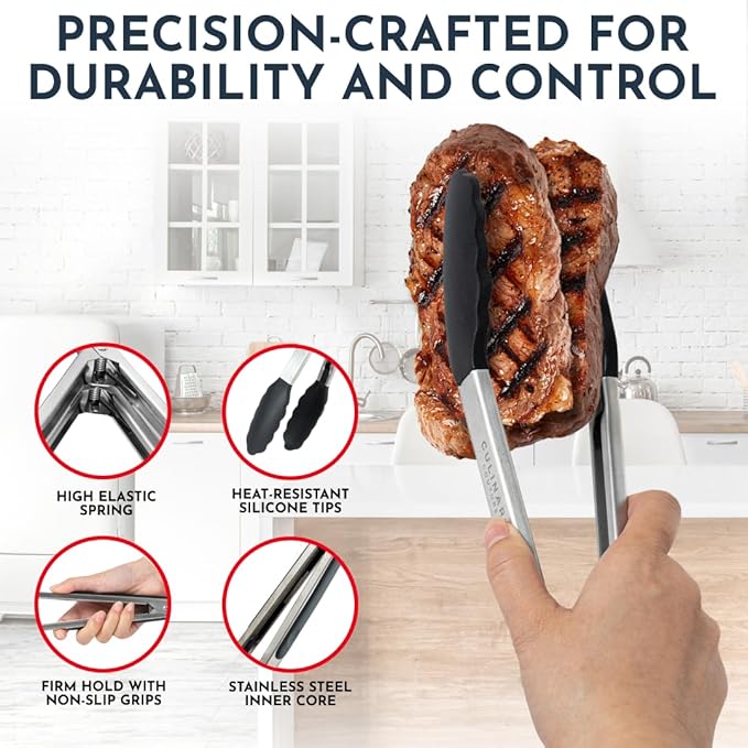 Kitchen Tongs for Cooking with Silicone Tips, Heat Resistant Tongs for Serving Food, 7-Inch, 9-Inch, 12-Inch Locking Silicone Tong, Set of 3 Salad Tong, Black Kitchen Utensils