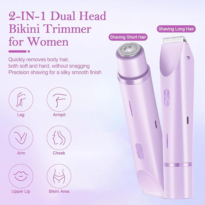 Dermave Bikini Shaver 2.0, 2025 New Glow Aura Bikini Trimmer for Women, 2 in 1 Dual Head Electric Razors for Women, IPX7 Waterproof Wet & Dry Electric Shaver, Portable Body Shaver (Purple)-BrightBean Baby