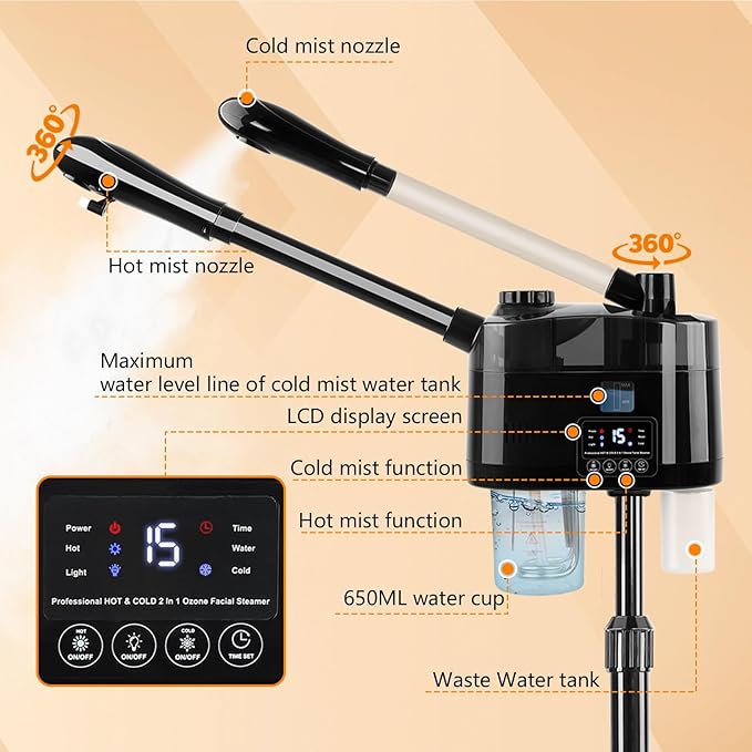 Professional Facial Steamer with Ozone and Hot & Cold Mist, Esthetician Steamer on Wheels, Face Humidifier for Facial Deep Cleaning, Digital Facial Steamer for Home and Salon, Black-BrightBean Baby