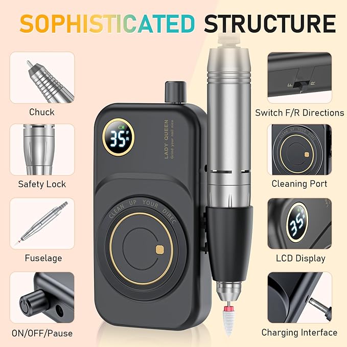 Portable Nail Drill Electric File: 35000RPM Professional Rechargeable Nail E File Machine,for Acrylic Nails Gel Polishing Removing, Cordless Efile with Bits Kit for Manicure Salon Home (Black)-BrightBean Baby