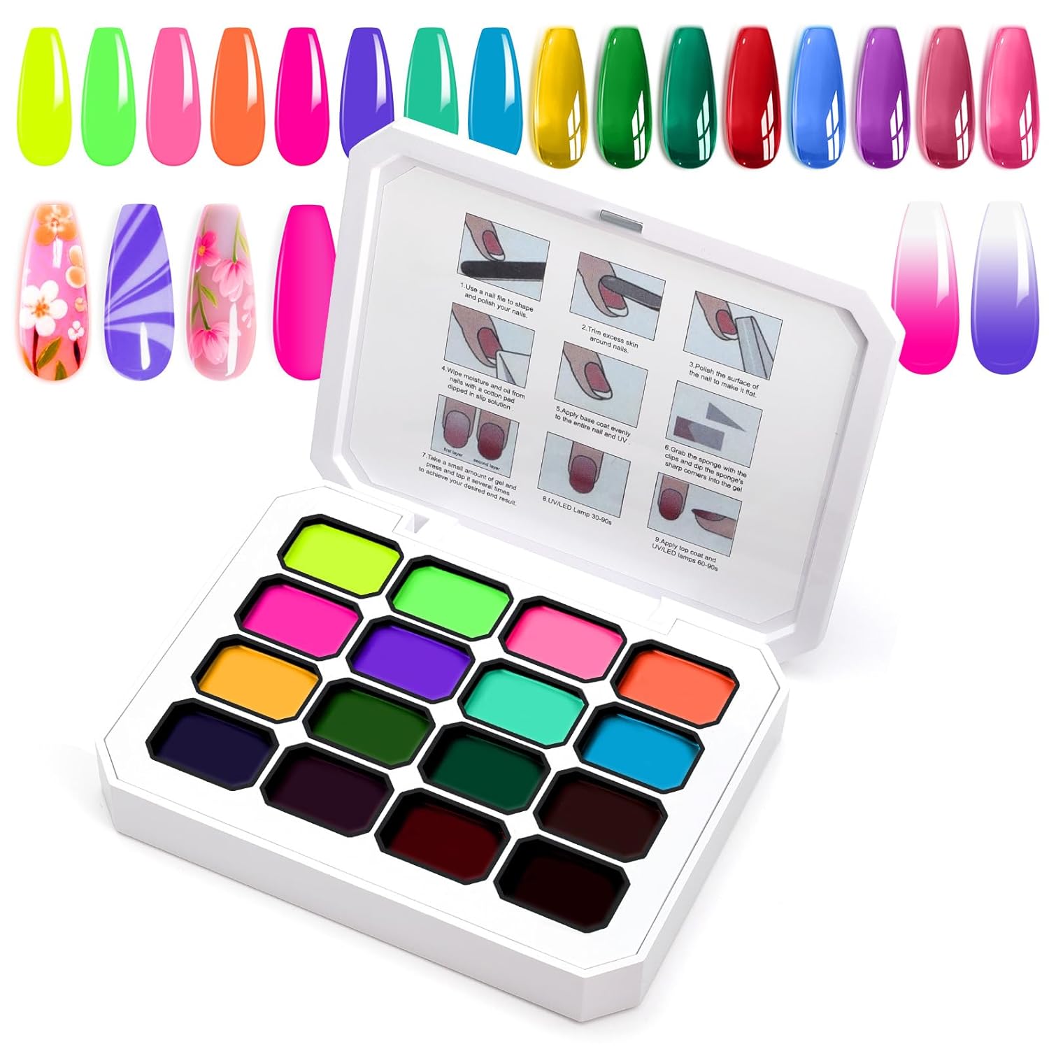 Gradient Gel Nail Set,16 Bright Neon Color for Ombre Fluorescent Jelly Nail Polish Platte, Pat Painting Gel French Nail Manicure No-wipe DIY Art Home Salon Soak of UV Cyber Gelight-BrightBean Baby