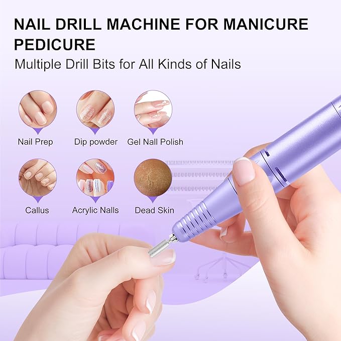 Professional Electric Nail Drill File:COSYGLOW Glitter Portable Cordless E-File Nail Drill Kit with 11 Drill Bits,30000 RPM Rechargeable Nail Drills Machine for Acrylic Nails Gel Polishing(Purple)-BrightBean Baby