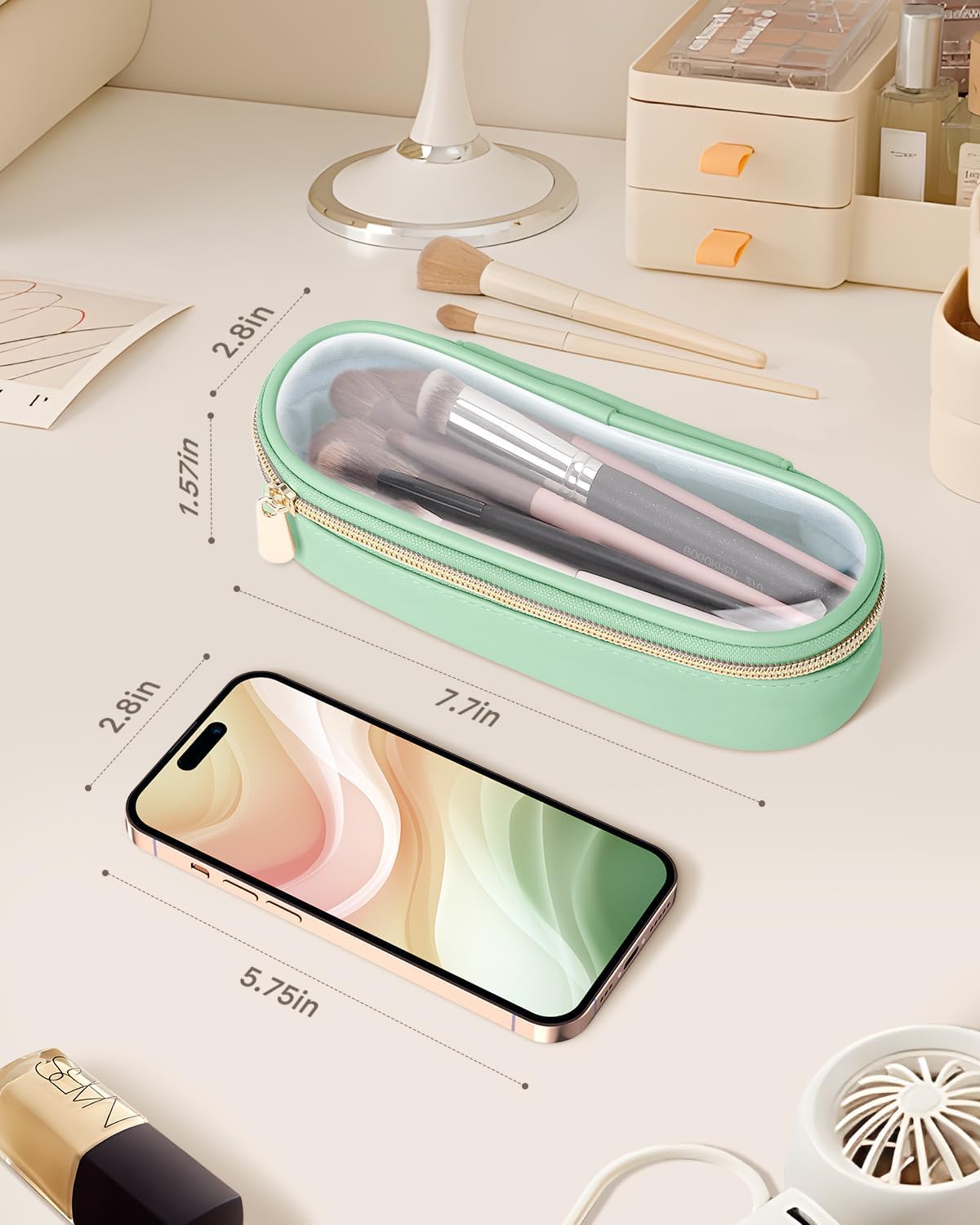 Clear Travel Makeup Brush Holder, Leather Makeup Brush Toiletry Bag, Portable Cosmetic Brush Case, Transparent Waterproof Makeup Brush Storage Bag, Mint Green-BrightBean Baby