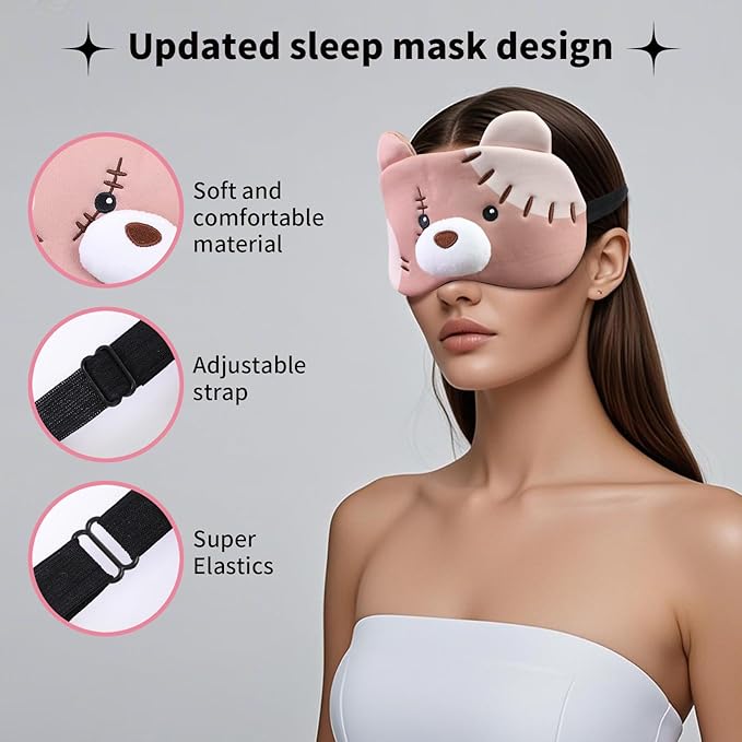 PERFECTSIGHT Sleep Eye Masks, Cute Plush Sleep Eye Cover Lightweight Adjustable Eyeshade Faux Fur Mask Cover for Women Men Kids Sleep Travel Nap, Big Eye Girl, Purple Nose, Brown Pudding Bear-BrightBean Baby