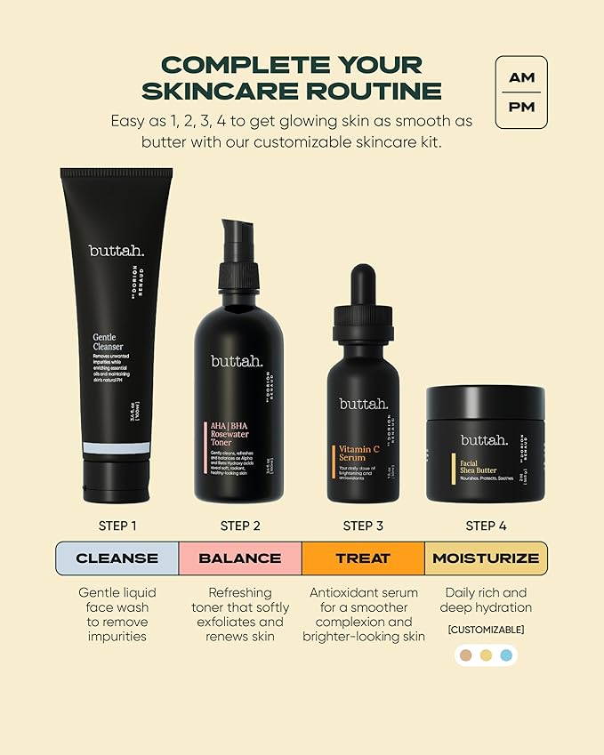 Buttah Skin Supreme Kit for Melanin Rich Skin | Facial Shea Butter 2 oz | Vitamin C Serum 1 oz | Cleanser 3.4 oz | Rosewater Toner 3.4 oz | Black Owned Skincare-BrightBean Baby