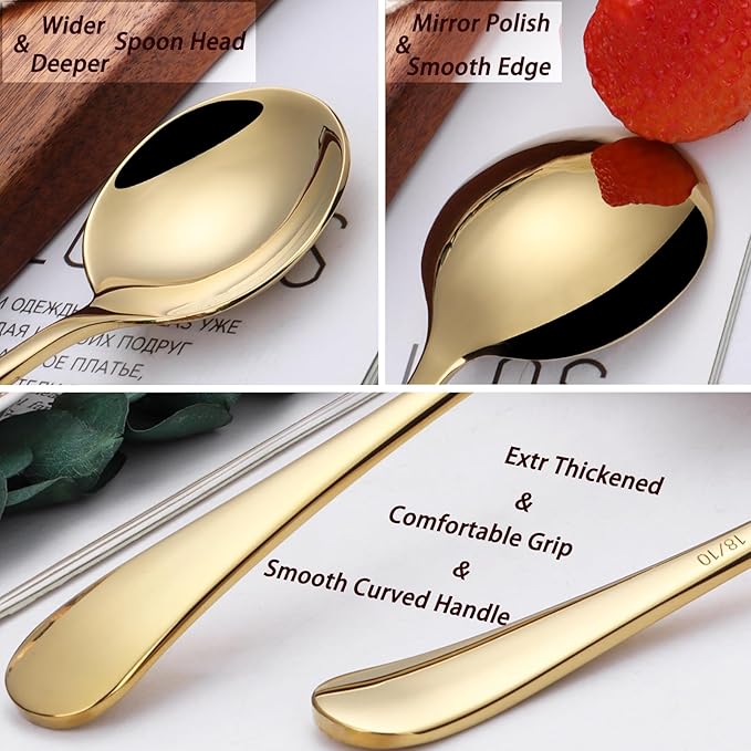 7" Round Soup Spoons Set of 4,18/10 Stainless Steel Heavy Duty with Deep Bowl,Fine Mirror Polished,Dishwasher Safe(Gold)