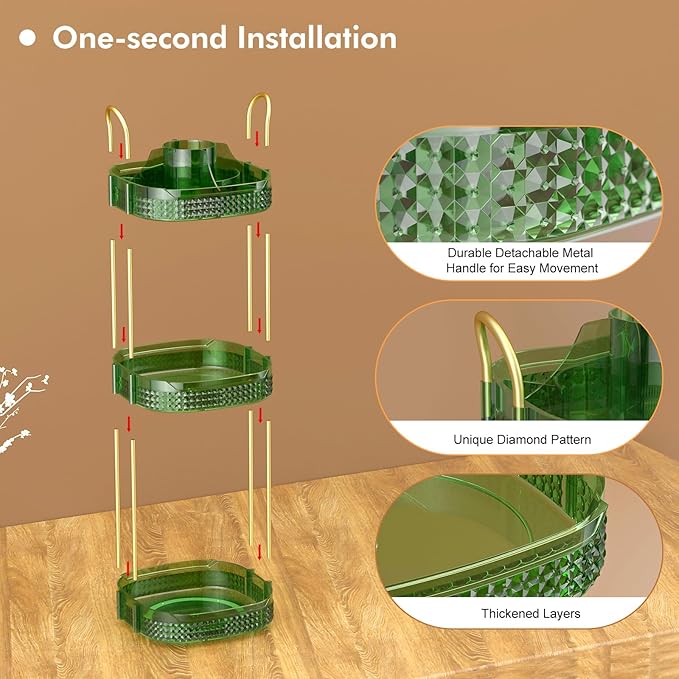 Awenia Rotating Makeup Organizer 360, Stackable Adjustable Large Capacity Cosmetic Storage Unit,Dresser Bathroom Kitchen Countertop Organizer with Metal Handle, Plus Size (Gem Green, 3 Tier)-BrightBean Baby