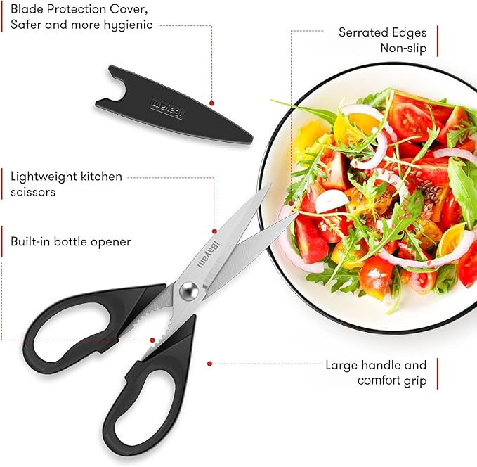 iBayam Stocking Stuffers for Men, White Elephant Gifts for Adults, All Purpose Kitchen Scissors 8.5" Cooking Scissors with Sheath, Black Kitchen Accessories