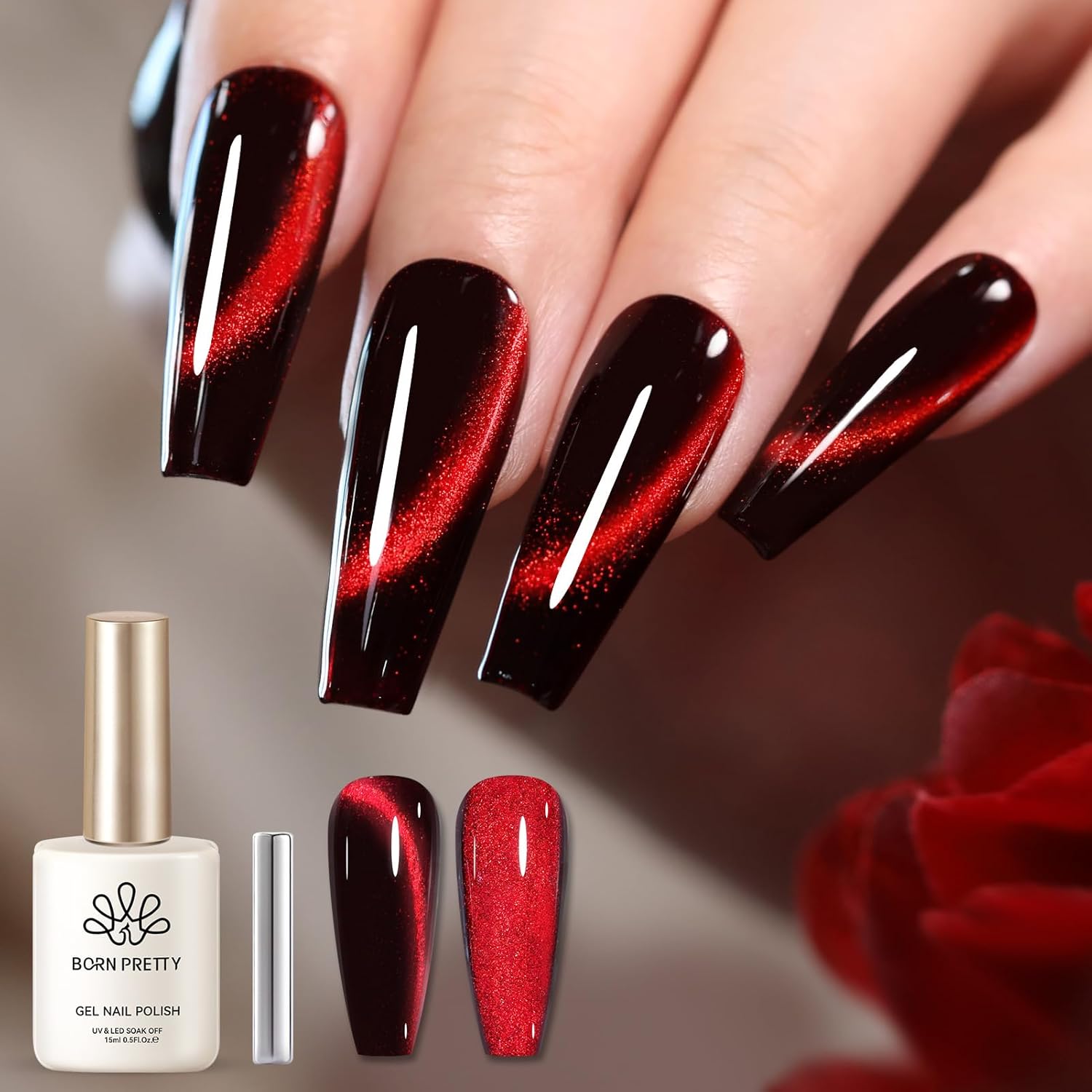 Born Pretty Cat Magnetic Eye Gel Nail Polish, Red Holographic Glitter Shiny Sparkle Crystal Gel Nail Polish Magnetic Nail Polish Salon DIY at Home 15mL-BrightBean Baby