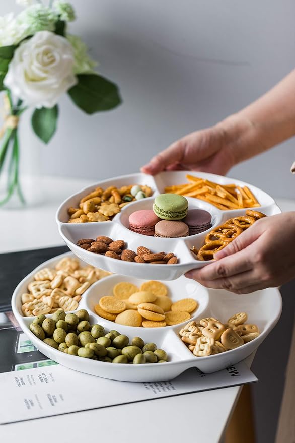 LAUCHUH Veggie Tray Set of 2, Porcelain Chip & Dip Serving Set Divided Serving Platter White Serving Tray for Party, Fruits, Veggies, Candy, Snack, Dessert, 12 inch