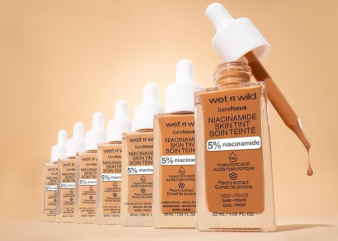 wet n wild Bare Focus Skin Tint, 5% Niacinamide Enriched, Buildable Sheer Lightweight Coverage, Natural Radiant Finish, Hyaluronic & Vitamin Hydration Boost, Cruelty-Free & Vegan - Light-BrightBean Baby