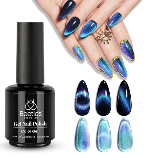 Beetles Blue Cat Eye Gel Nail Polish - 15ML Glitter Blue Chameleon Sparkle Holographic Nail Polish with Magnet Translucent Mystical Aura Gel Soak Off UV LED Nail Lamp Nail Art Manicure Salon DIY Home-BrightBean Baby
