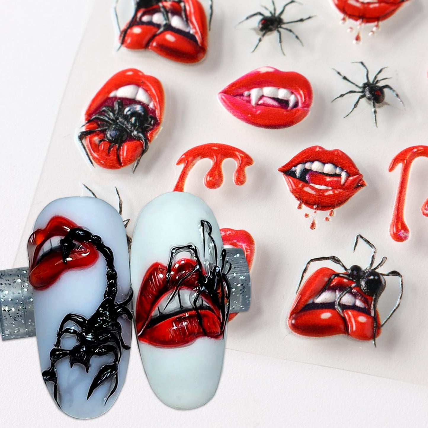 2 Sheets Halloween Nail Art Stickers 5D Embossed Horror Ghost Nail Stickers Big Red Lips Pumpkin Devil's Flame Eye Bat Design Terror Spider Mummy Nail Decals for Women Acrylic DIY Nail Decorations-BrightBean Baby