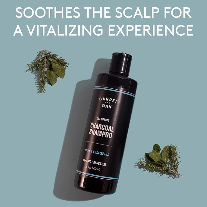 Barrel and Oak - Cleansing Charcoal Shampoo, Clarifying Shampoo, Hair Care for Men, Deep Cleans & Purifies, Hydrates & Soothes Dry Scalp, Essential Oil-Based Scent, Vegan (Mint & Eucalyptus, 16 oz)-BrightBean Baby