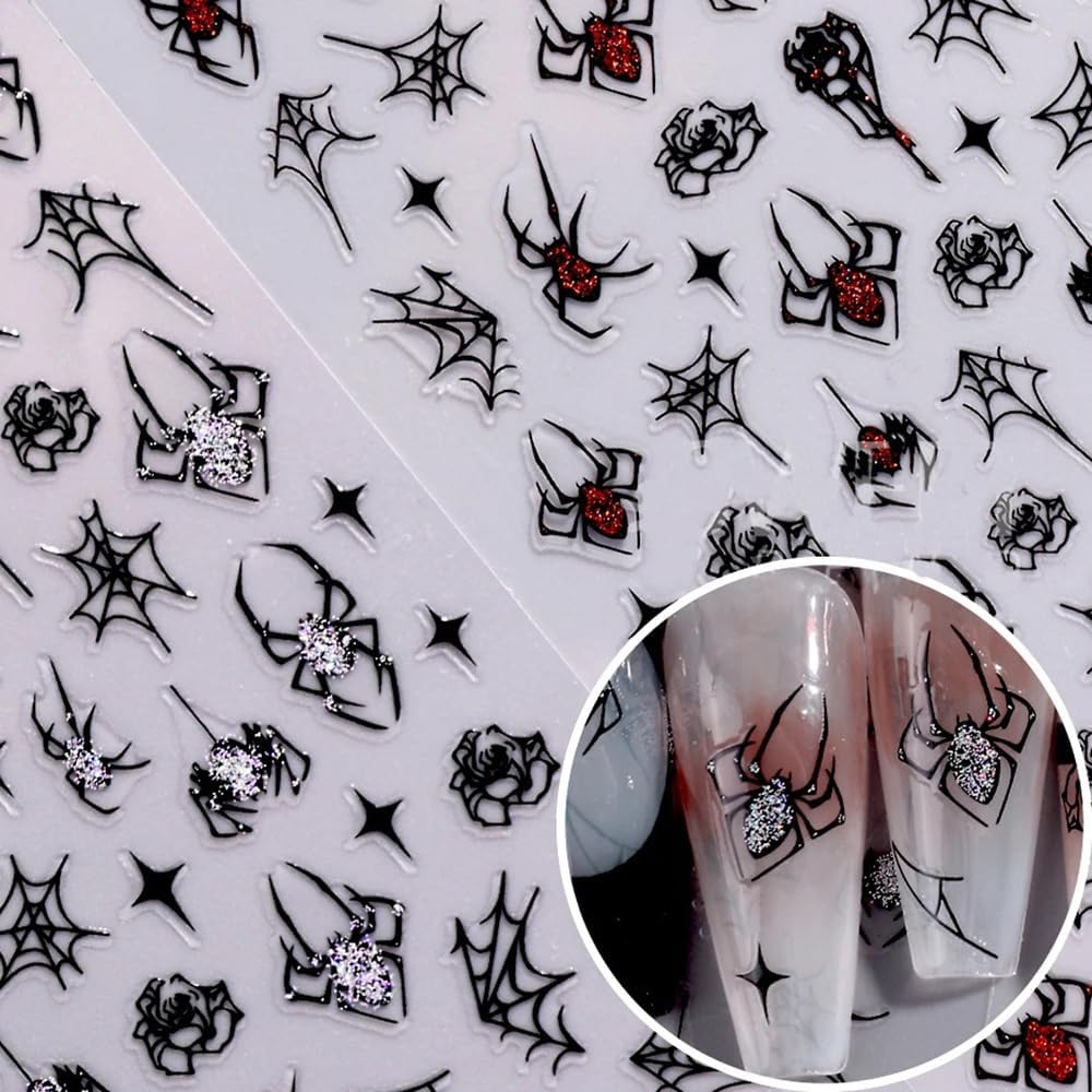 6Sheets Halloween Nail Art Stickers Decals, 3D Spider Nail Sticker Halloween Nail Decoration Self-Adhesive Black Red Silver Glitter Star Spider Web for Nails Stickers DIY Manicure Art Decoration-BrightBean Baby
