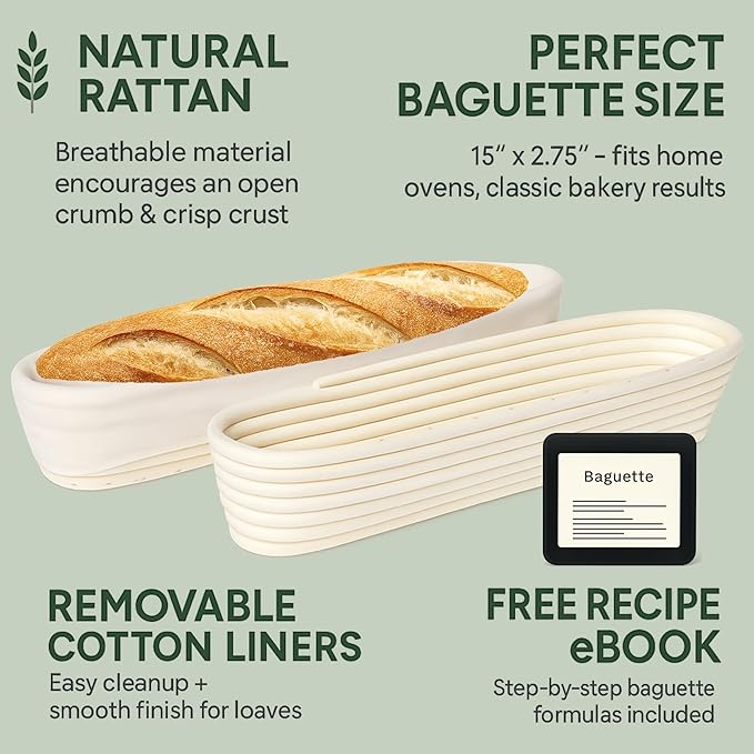 15 Inch Baguette Proofing Basket Set of 2 with Cotton Liners & Baguette Recipe eBook- Handcrafted Natural Rattan Banneton Bread Proofing Baskets for Sourdough- French Bread & Dough Rising