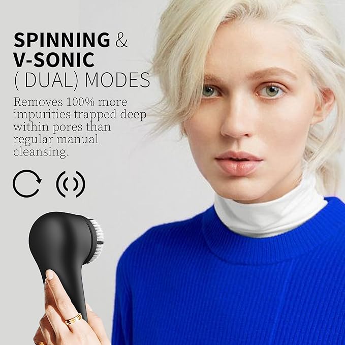 Premium Face Scrubber, Deep Pore Cleansing Brush, Waterproof & Rechargeable Face Scrub Brush for Men& Women, Electric Facial Exfoliator with 3 brushes, 3 Intensities, 2 Modes with Eye Rollor- Charcoal-BrightBean Baby