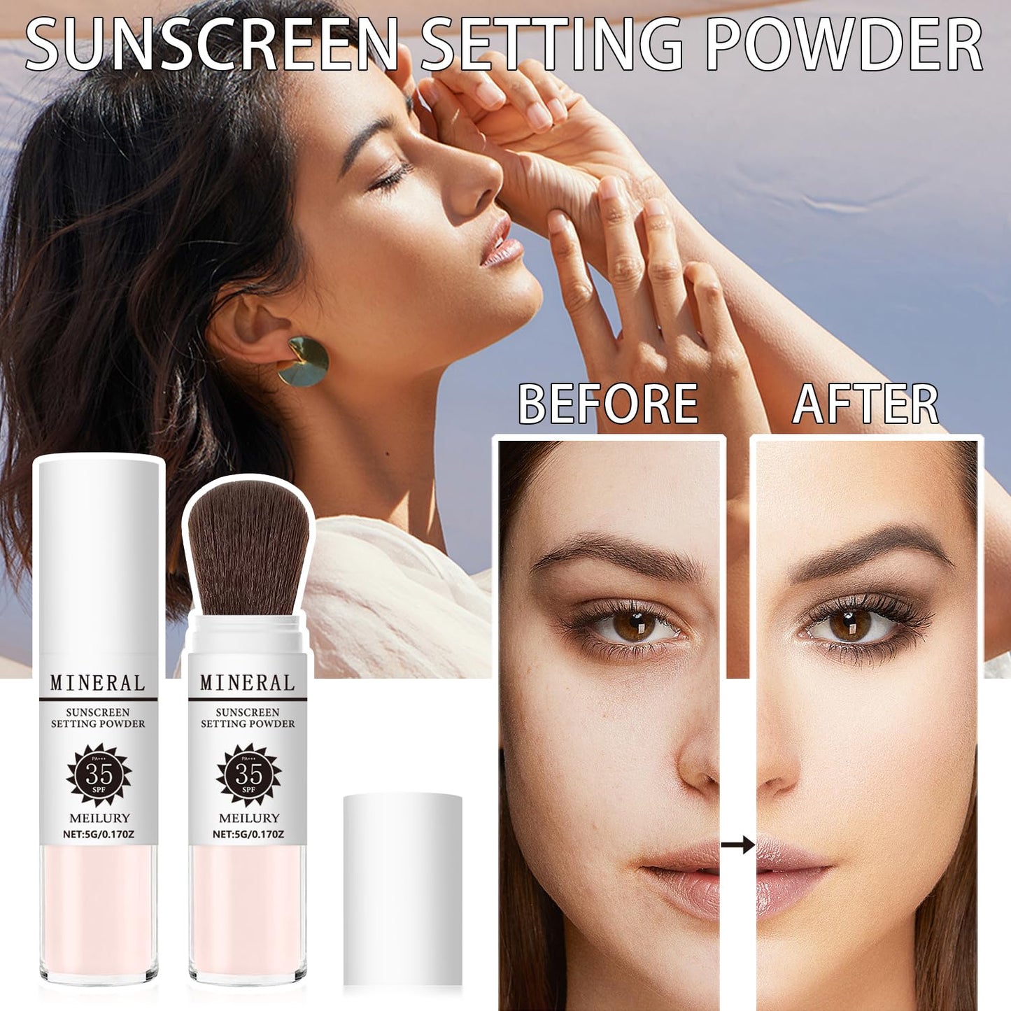 Sunscreen Setting Powder SPF 35, Mineral Brush Powder for Face & Scalp, Oil Control Natural Matte Finish Loose Powder Translucent Lasting Lightweight Breathable for All Skin (04# Pink Complexion)-BrightBean Baby