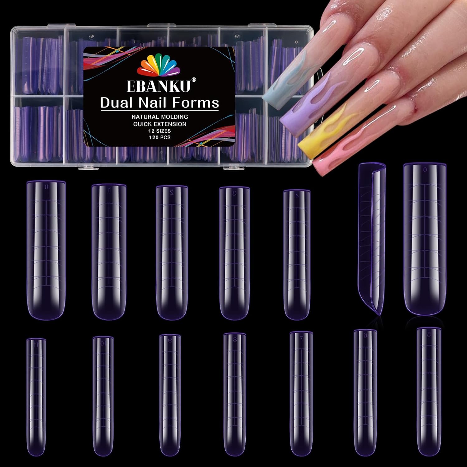 EBANKU Dual Nail Forms for Poly Extension Gel, 120 PCS Purple Square Nail Molds Reusable 12 Sizes Nail Extension Forms for Builder Gel Manicure Design Salon DIY-BrightBean Baby