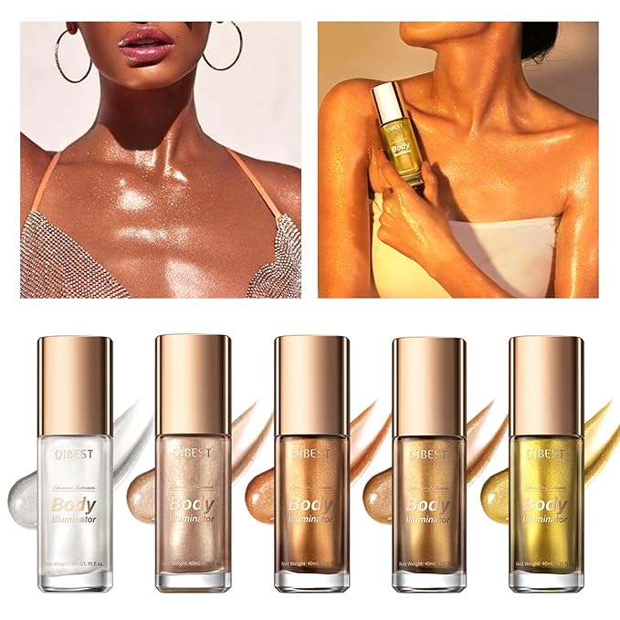 40ml Body Shimmer Oil,Liquid Body Illuminator, Waterproof Moisturizing And Glow For Face & Body, All-In-One Makeup Liquid Illuminator, Summer Body Luminizer,Makeup Brush Include(02#Rose Gold)-BrightBean Baby